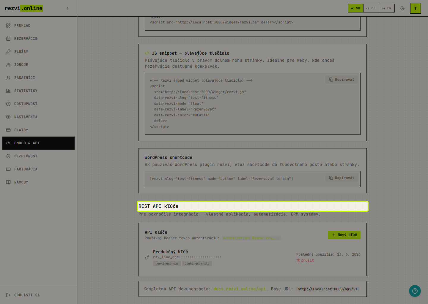 Embed & API — správa REST API kľúčov (plán Business)