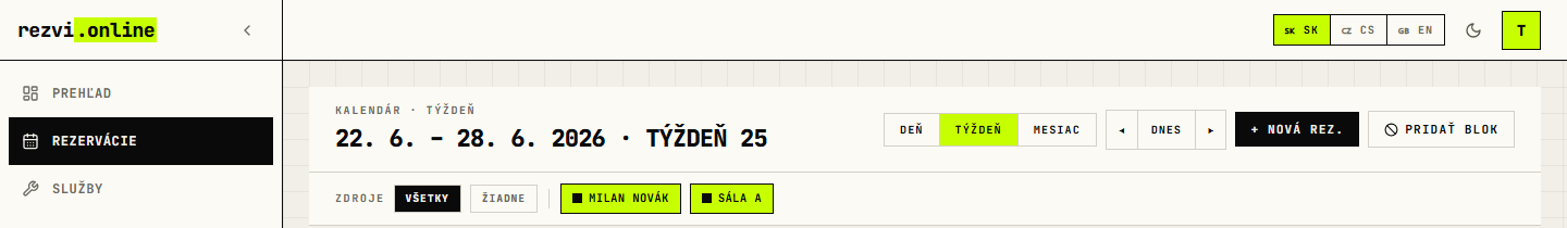 Kalendár rezervácií — prepínač denného, týždenného a mesačného pohľadu a filter zdrojov