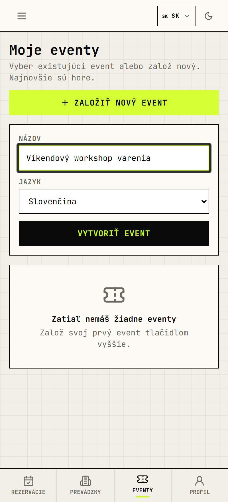 Formulár vytvorenia eventu s názvom a jazykom