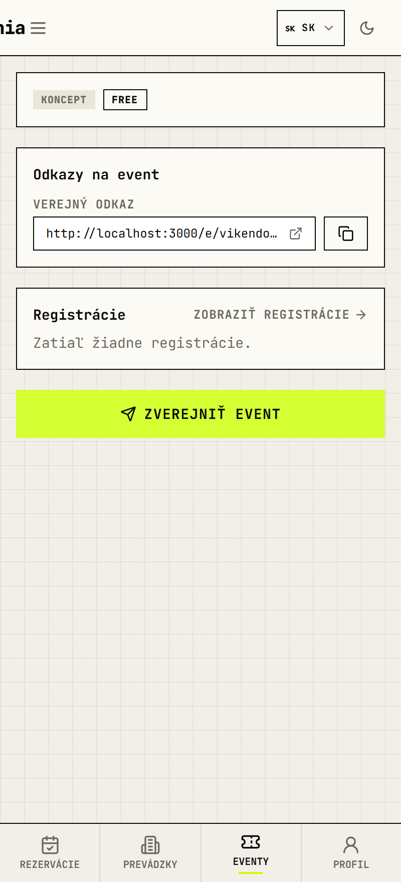 Prehľad eventu so stavom, odkazom a tlačidlom Zverejniť event