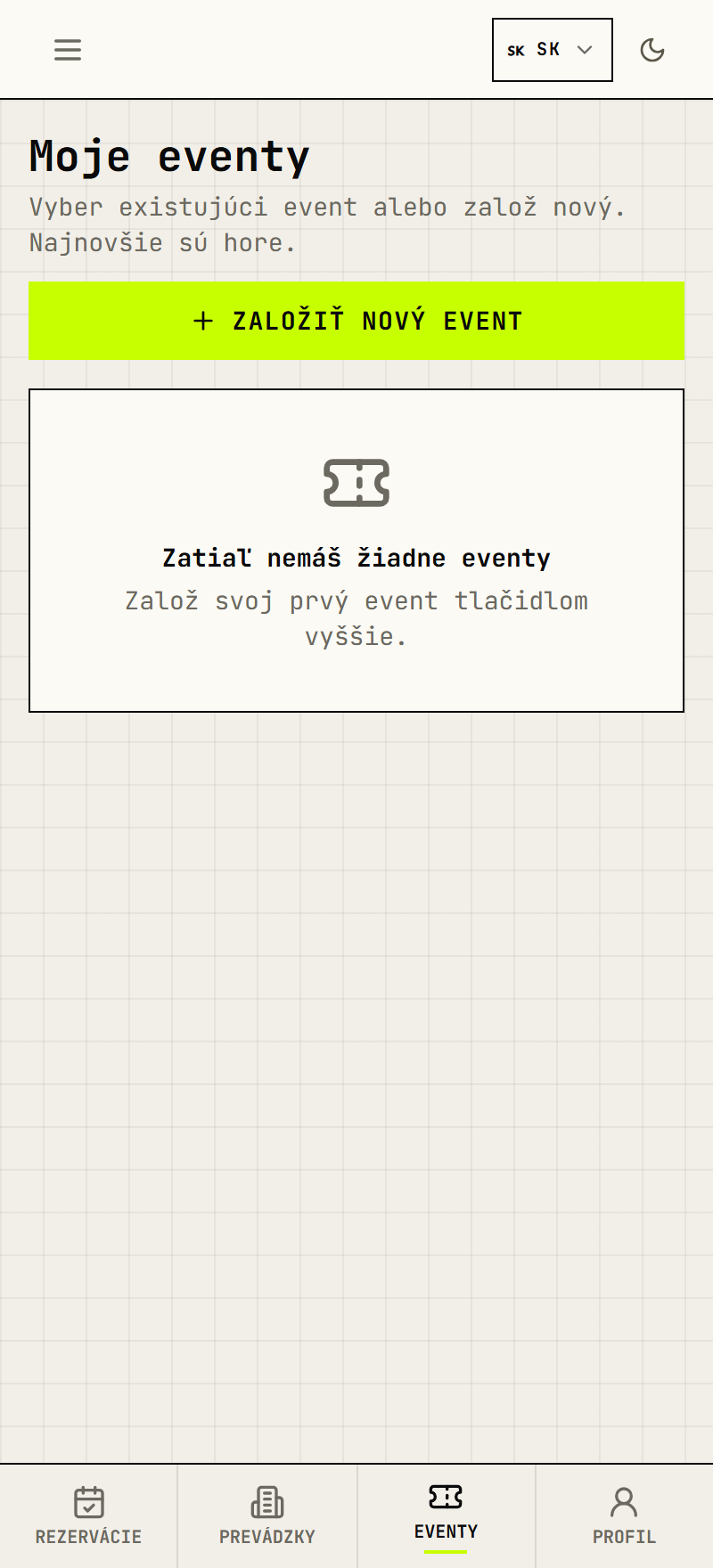 Prázdny zoznam Moje eventy s tlačidlom Založiť nový event