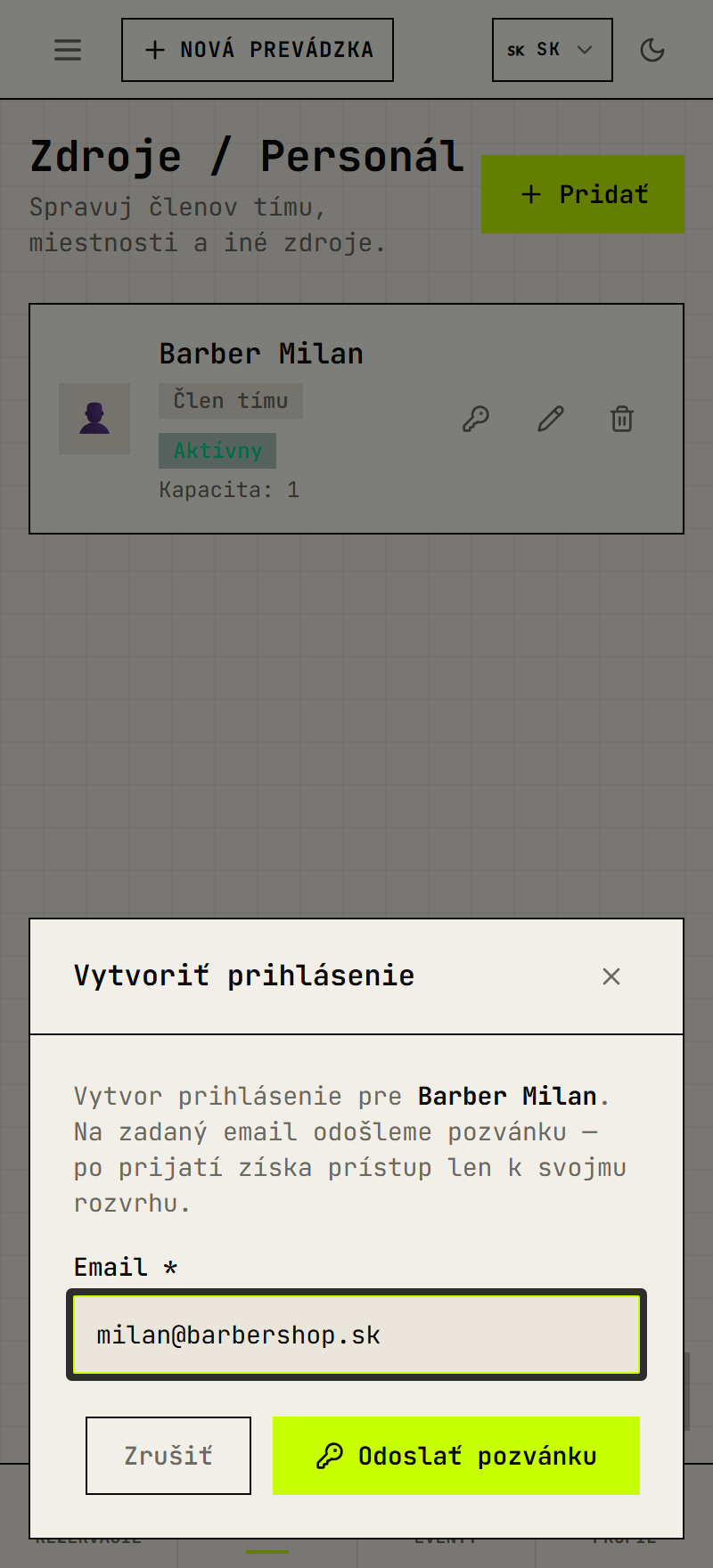 Okno Vytvoriť prihlásenie so zadaným e-mailom pracovníka