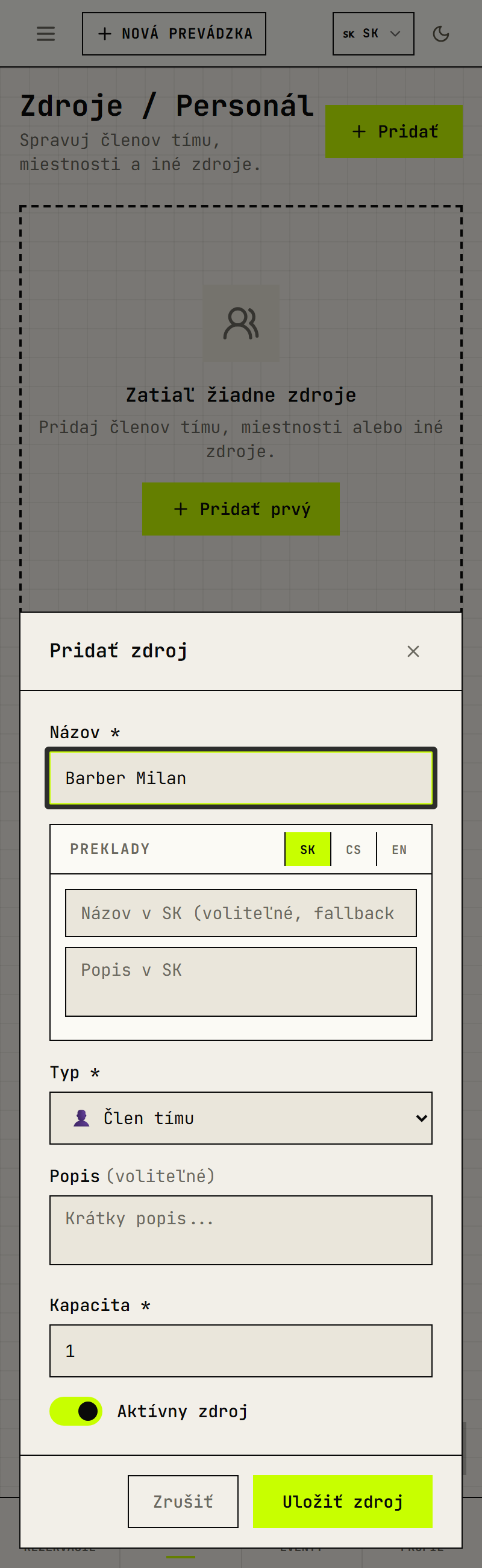 Formulár Pridať zdroj s poľami názov, typ a kapacita