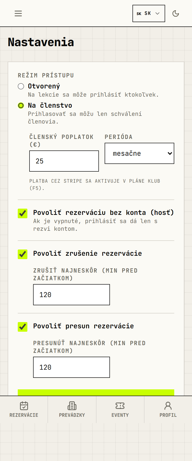 Nastavenia — režim prístupu a politiky zrušenia/presunu