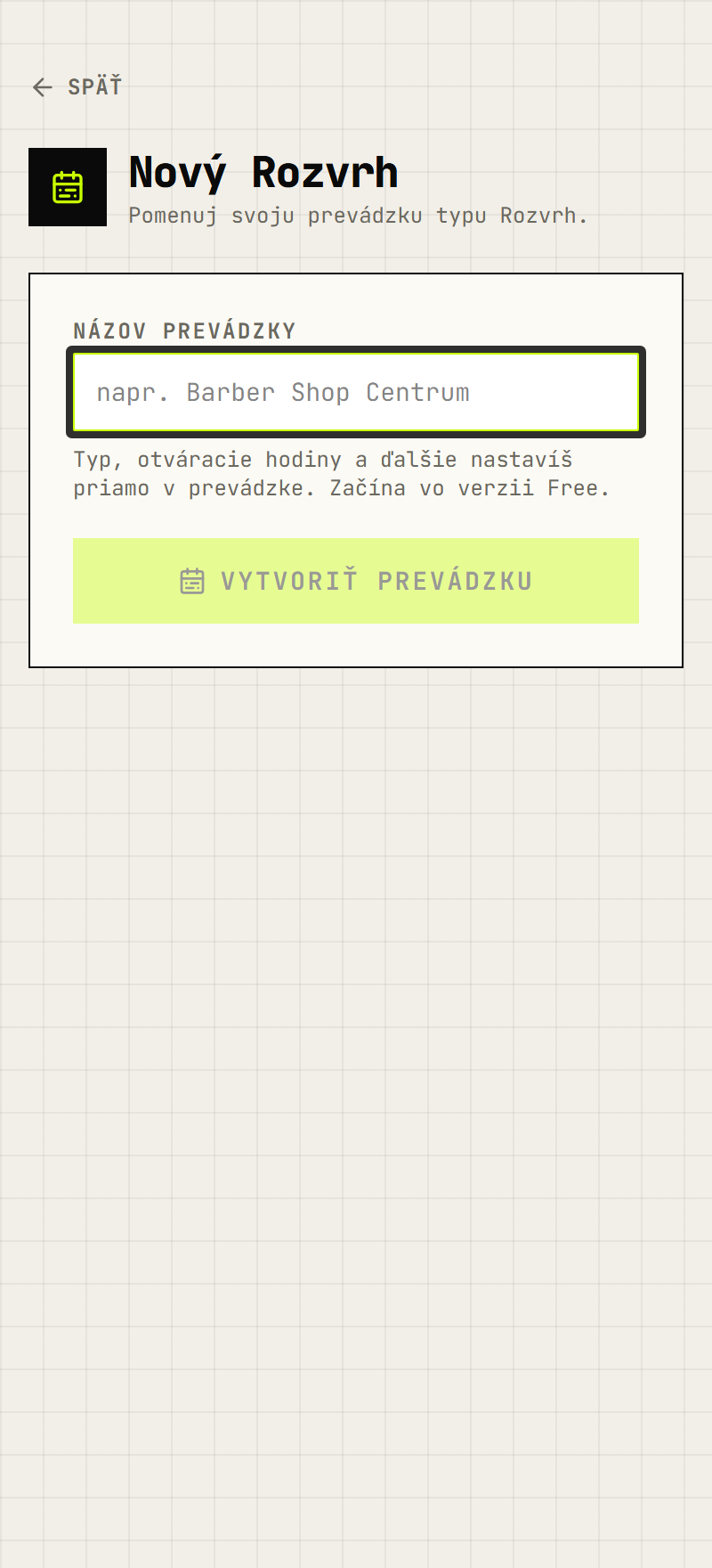 Formulár Nový Rozvrh s názvom prevádzky