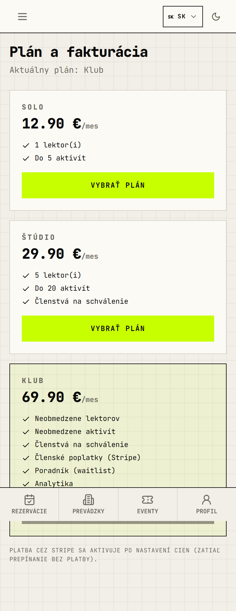 Plán a fakturácia — Free, Solo, Štúdio, Klub