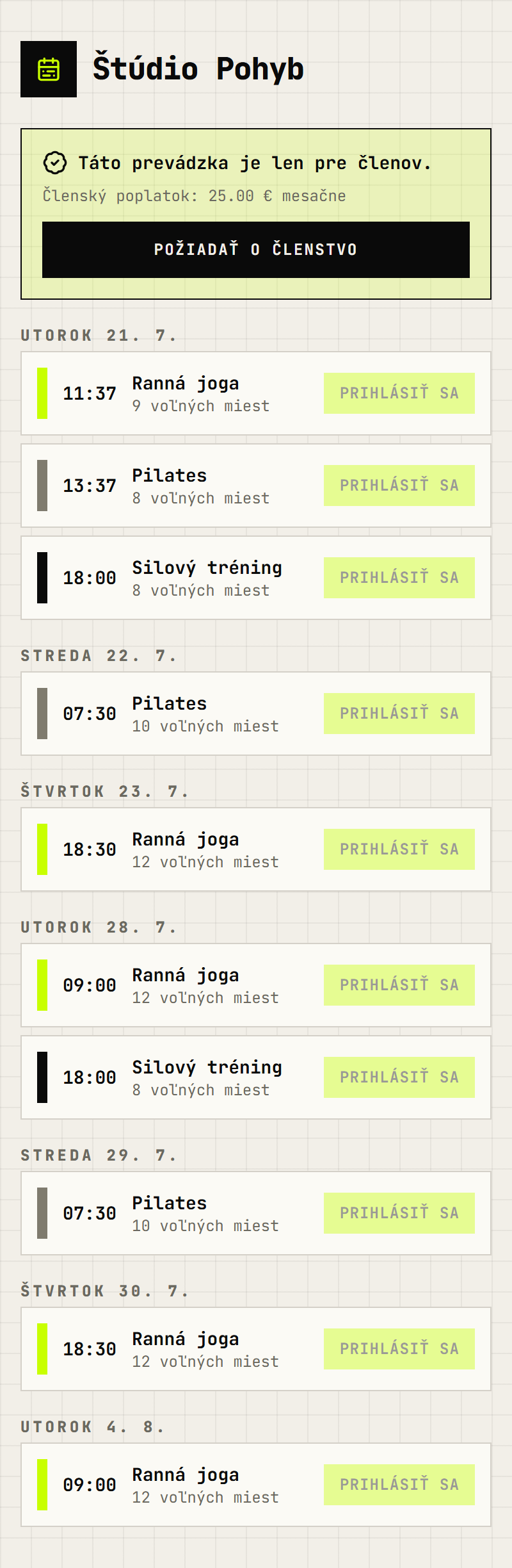 Verejná stránka prevádzky Rozvrh s týždenným programom