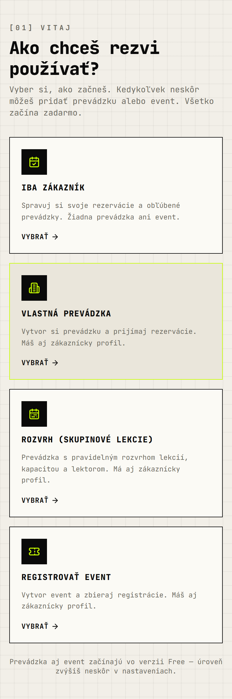 Výber role — karta Rozvrh (skupinové lekcie)
