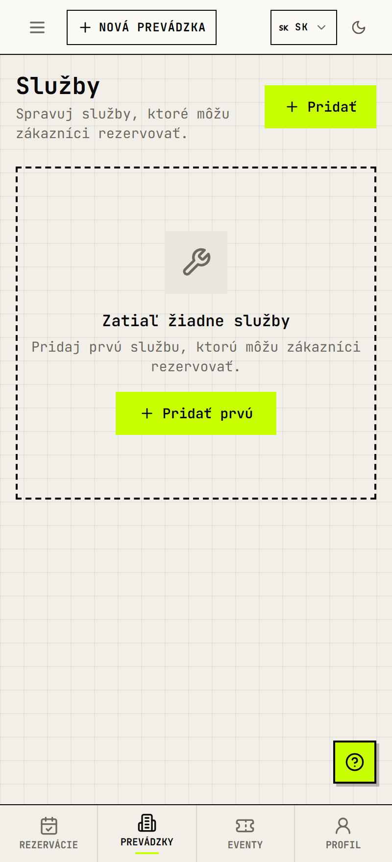Prázdna sekcia Služby s tlačidlom Pridať prvú