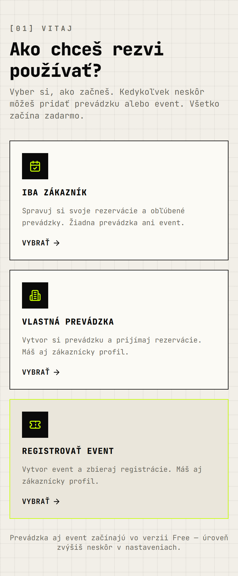 Rozcestník rolí — Iba zákazník / Vlastná prevádzka / Registrovať event